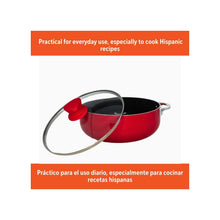 Red ceramic caldero with glass lid and side handles, steam vent on lid