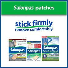 Salonpas pain relief patches package graphic showing stick firmly and remove comfortably
