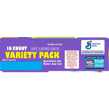 Fruit snack variety pack box panel with 16 count and usage information
