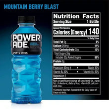 Powerade mountain berry blast sports drink bottle with Nutrition Facts panel.