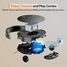 Black robot vacuum and mop combo with exposed water tank and mop mechanism