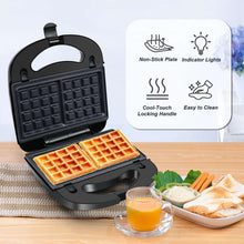 Black 3-in-1 waffle and sandwich maker with non-stick plates and control icons