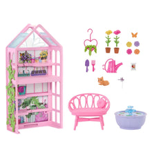 Pink backyard garden toy playset shelf with chair, water fountain, and flower accessories