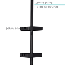 Matte black corner caddy with self-draining shelves on vertical tension pole