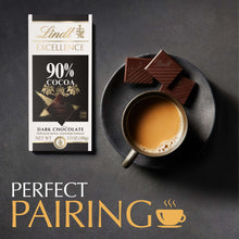 Lindt Excellence 90% cocoa dark chocolate bar box with coffee cup and chocolate pieces