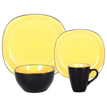 Serving plate, bowl, and mug pair with glossy yellow interior and matte black handle bases