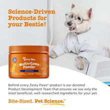 Zesty Paws multivitamin powder jar with science-driven products text