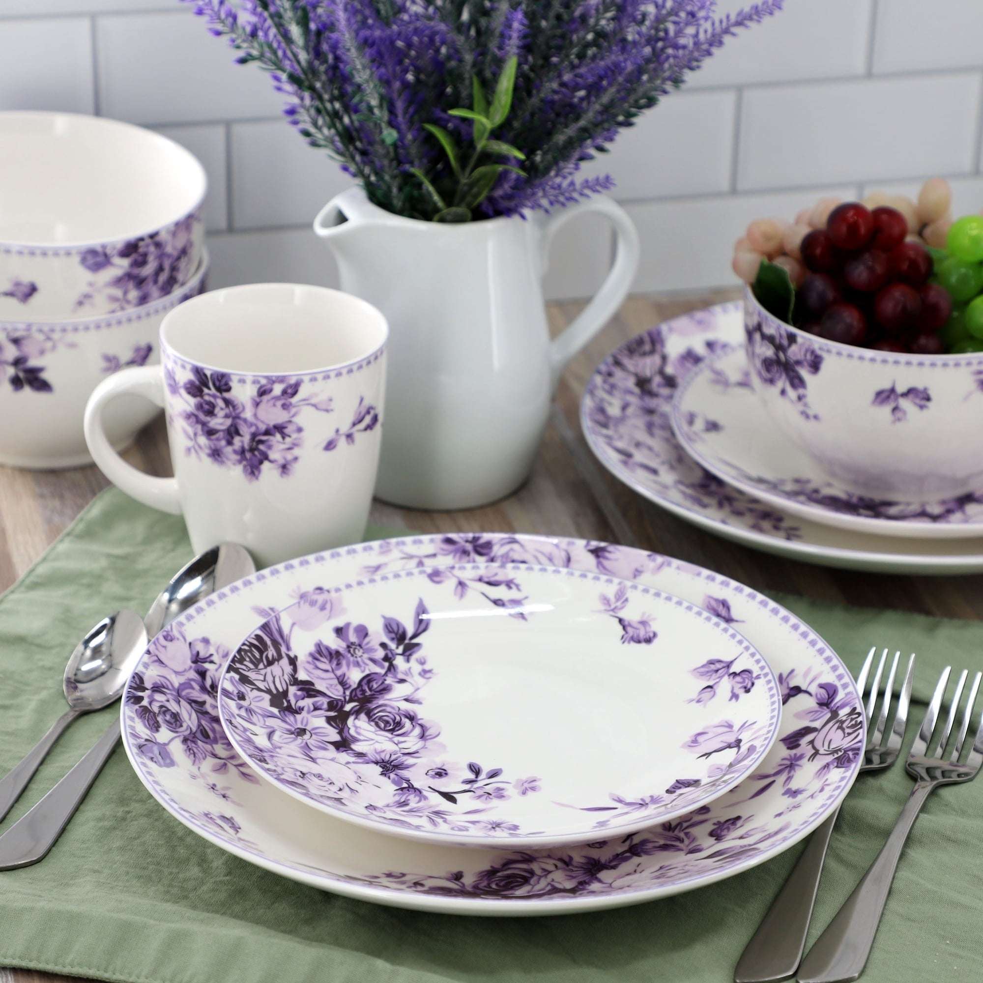 Elama Traditional Purple Rose 24 Piece Porcelain Double Bowl Dinnerware Set