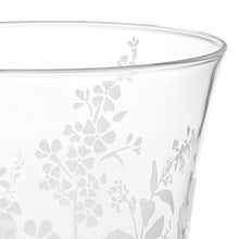 Clear glass tumbler with white daisy floral pattern, close-up of top rim