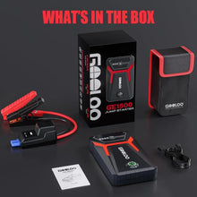 Car jump starter kit in box with jump cables, device, manual, and carrying pouch