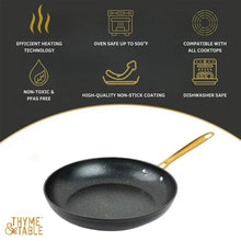 Black speckled non-stick fry pan with gold handle and wide rim.