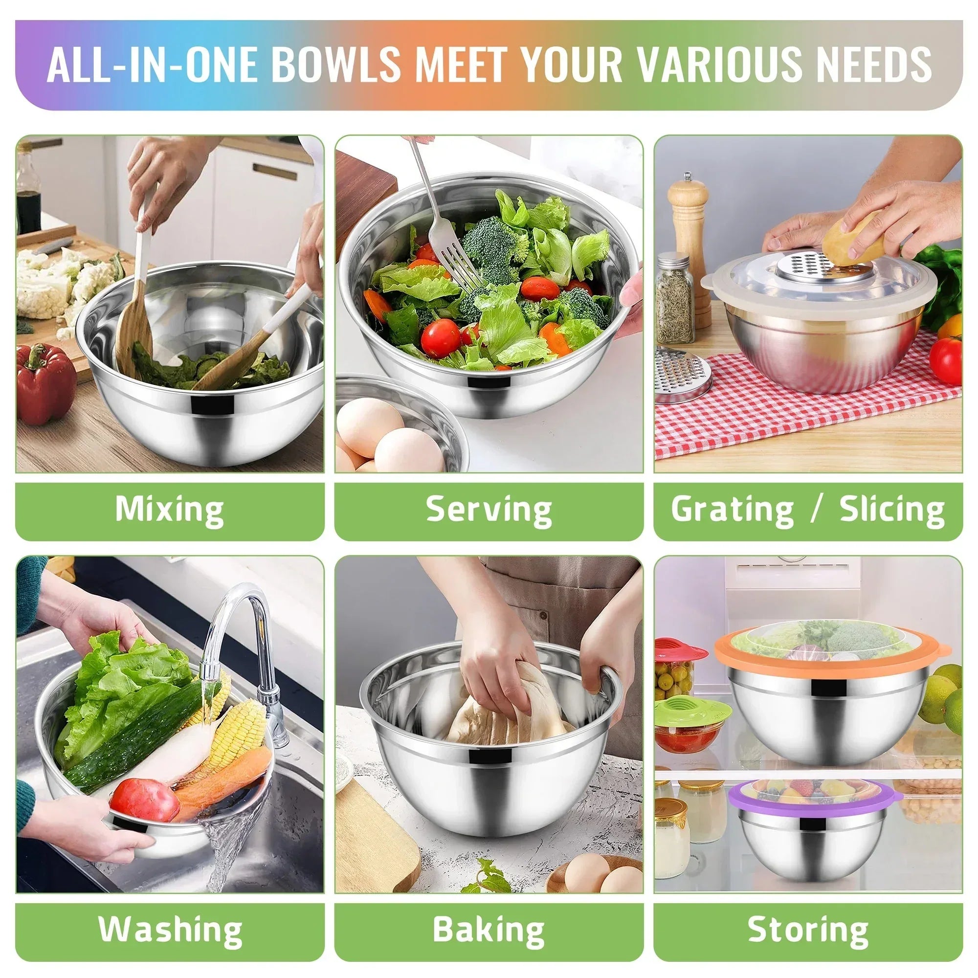Vesteel Mixing Bowls with Lids Set of 8, Stainless Steel Prep Bowls with Upgraded Airtight Visible Lid, Metal Nesting Bowl Attach with 3 Graters for Kitchen Grating/ Shredding / Mixing - USA MEGA SHOP