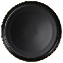 Black stoneware dinner plate with gold rim, front view