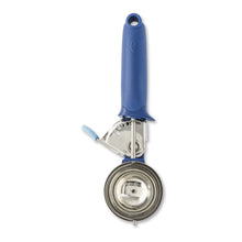 Blue trigger ice cream scoop with stainless steel circular scoop, angled front view