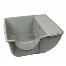 Gray litter box base with removable scoop-style waste tray and slotted screen