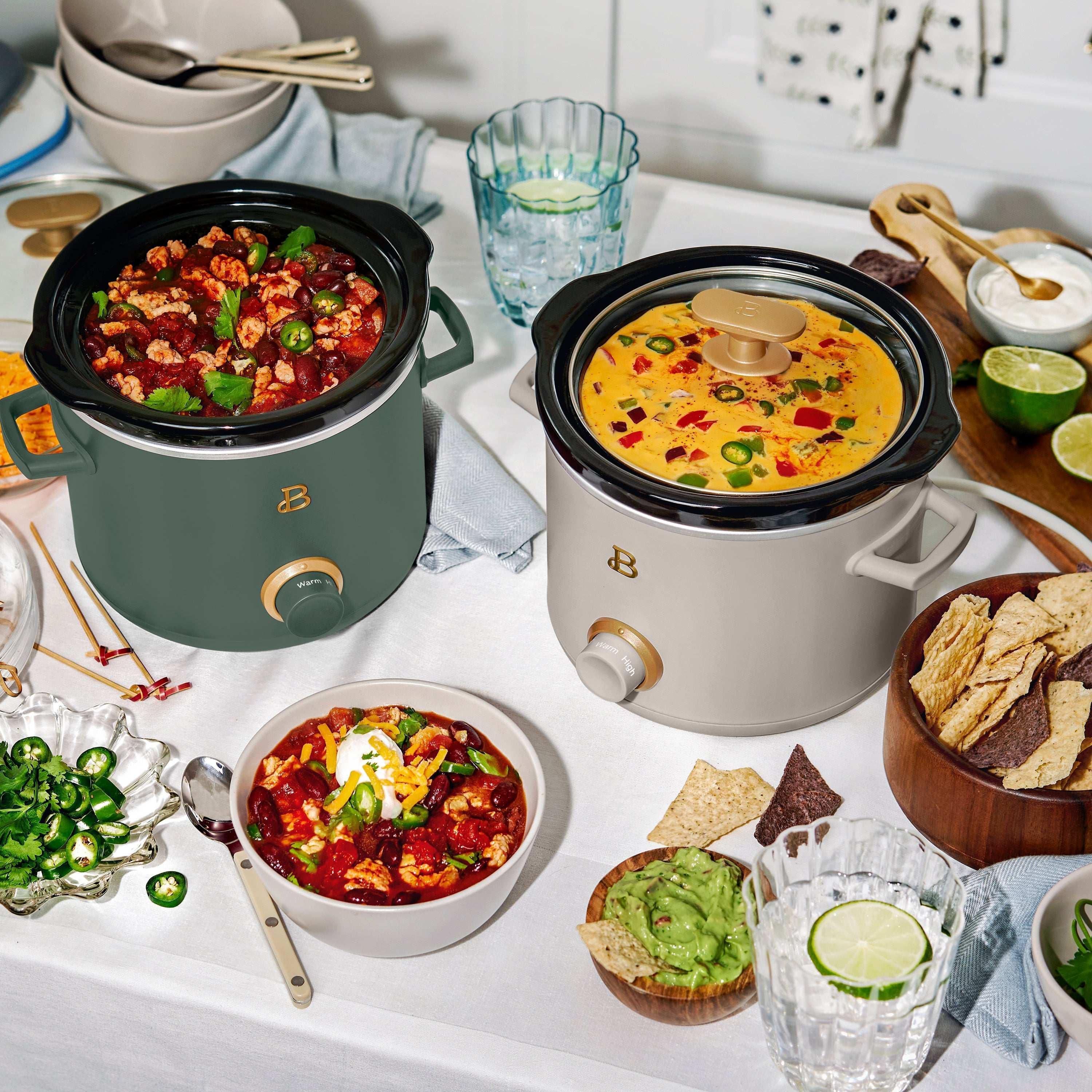 Beautiful 2 Qt Manual Slow Cooker, 2-Pack, Thyme Green + Porcini Taupe by Drew Barrymore