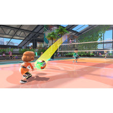 Nintendo Switch Sports gameplay scene with a character hitting a ball on a court