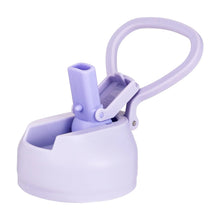 Purple double-wall stainless steel water bottle with open flip lid and carry handle