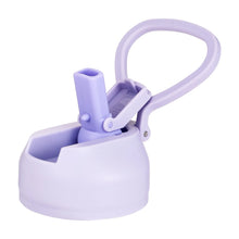 Purple double-wall stainless steel water bottle lid and side handle detail