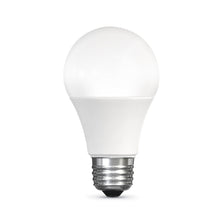 A19 smart LED light bulb with frosted white glass and metal base