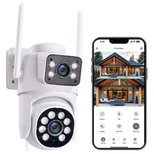 White dual-lens security camera with wall mount and two antennas, front view
