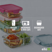 Divided glass meal prep containers set with colored lids, stacked with airtight fit