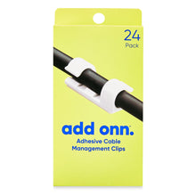 Adhesive cable management clips 24-pack box with white clips shown on cable.
