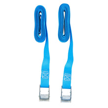 Two blue webbing lashing straps with silver metal cam-buckle ends