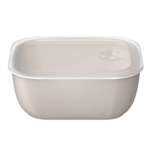Taupe stoneware container with clear vented lid, front view