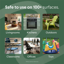 Disinfecting wipes usage chart for 100+ surfaces: living rooms, kitchens, outdoors