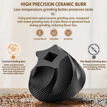 Ceramic burr grinding core with textured conical shape in black grinder close-up