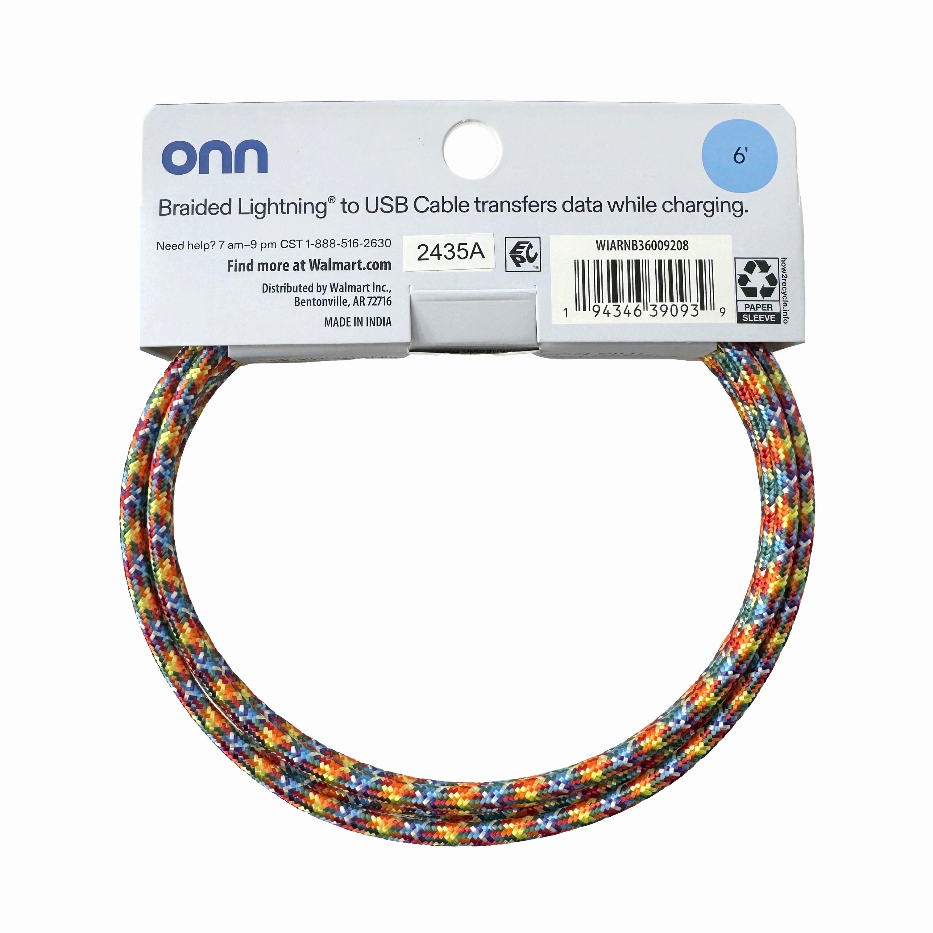 onn 6ft Lighting to USB A Braided Cable, MFI Certified, Rainbow - Compatible with iPhone 14/13/12/11/X/XR/XS/8/7/6/5, iPad, Airpods and more