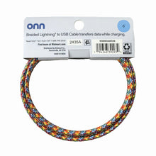 onn braided Lightning to USB cable, rainbow multicolor braid on retail card packaging