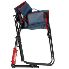 Oversized foldable rocking camp chair, blue seatback with red trim, black legs