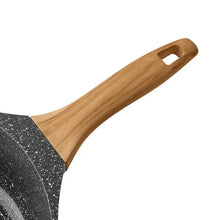 Charcoal speckled cast aluminum sauce pan with long wood handle and hanging hole