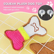 Plush squeaky dog toy bone with brown trim, white front, pink center and neon green stripe