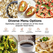 BLACK+DECKER microwave oven auto menu icons for popcorn, potato, pizza, and more