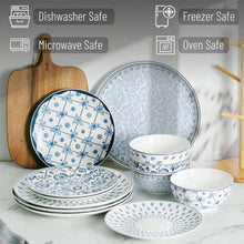 Ceramic dinnerware set with blue-and-white patterned plates and bowls, stacked arrangement