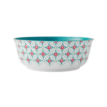 Melamine bowl with turquoise rim and red-and-teal patterned design