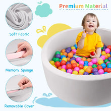 Gray foam ball pit with removable cover detail and baby playing with colorful balls