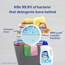Laundry sanitizer additive shown with laundry items and detergent use graphic