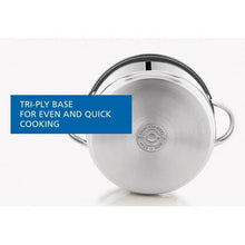 Stainless steel Dutch oven with riveted handles, showing the bottom base