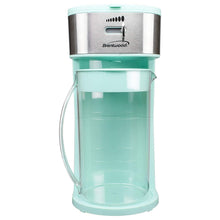 Teal iced coffee and tea maker with stainless top and clear pitcher
