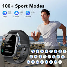 Smartwatch on black silicone strap worn by a runner outdoors, dark screen with icons