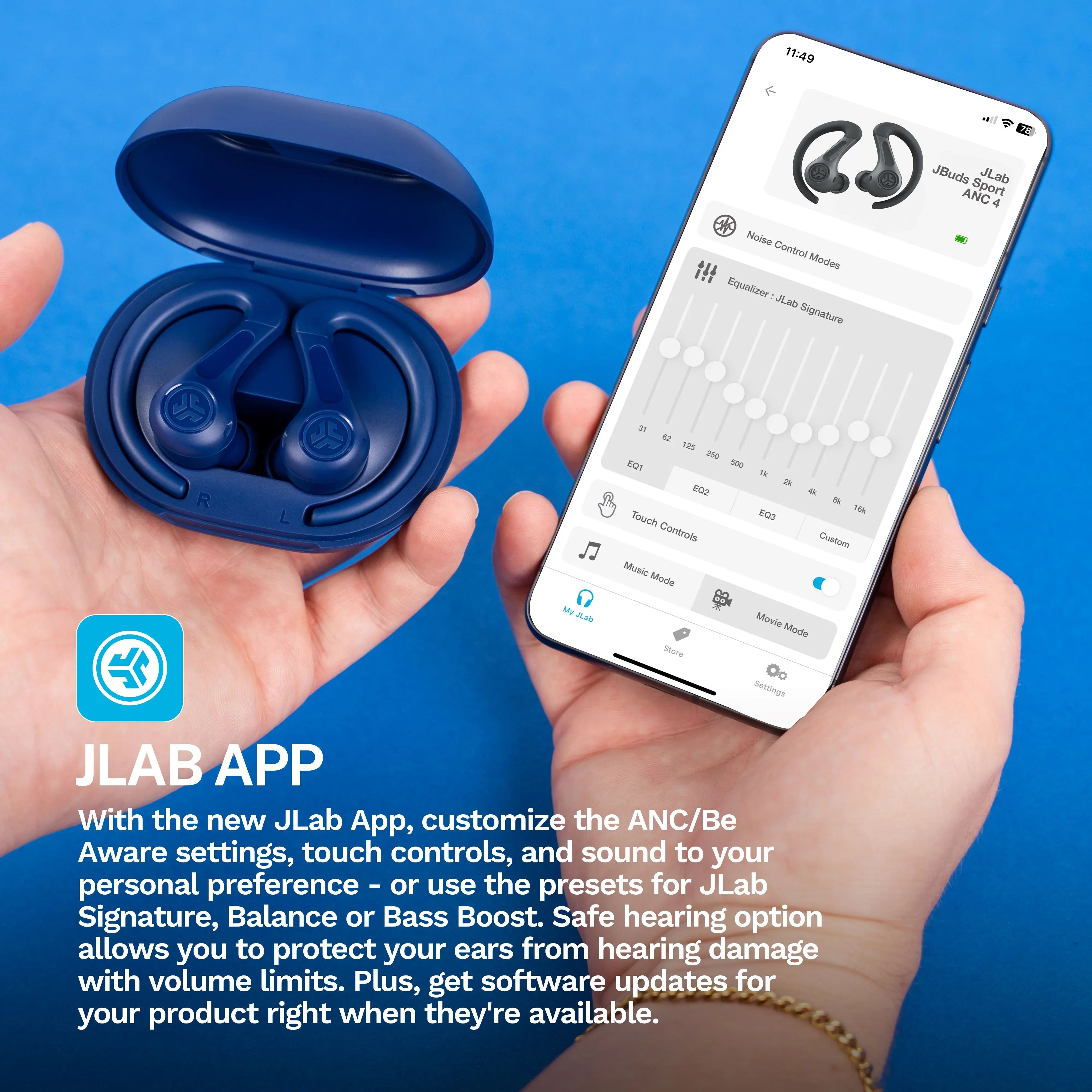 JLab JBuds Sport ANC 4 True Wireless Earbuds, Cobalt, Hybrid ANC, Touch Controls, Multipoint, App Customization