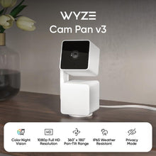 Pan-tilt security camera on a standing base, white body with black front panel