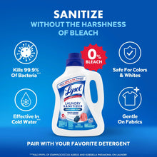 Lysol laundry sanitizer bottle with 0% bleach badge and safe-for-colors icon