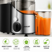 Stainless juicer extractor with black control dial and orange juice cup