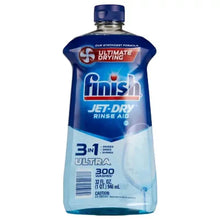 Dishwasher rinse aid bottle with blue liquid, dark cap, and Finish Jet-Dry label