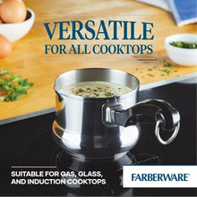 Stainless steel butter melting pot with black handle and loop grip